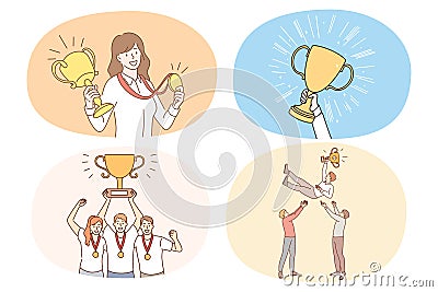 Set of happy businesspeople celebrate business success Vector Illustration