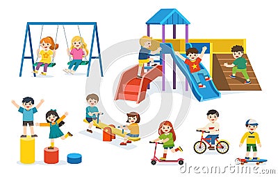 Set of Happy excited kids having fun together. Children playing in playground. Vector Illustration