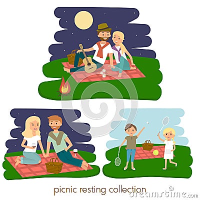 Set of Happy family picnic resting. Young couple outdoors. Summer family picnic. Vector Illustration. Vector Illustration