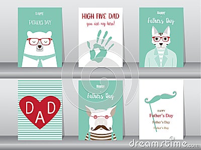 Set of Happy Father`s Day card ,poster,template,greeting cards,cute,bear,cats,pig,animals,Vector illustrations Vector Illustration