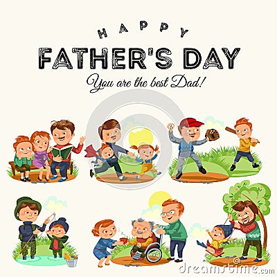 Set happy fathers day greeting card, dad fun with kids, parent of little childrens family vacation, daddy love holiday Vector Illustration