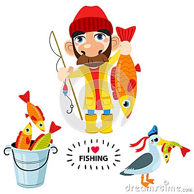 Set of happy fisherman character hold big fish, seagull, fish. Vector Illustration