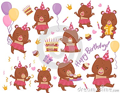 Set of happy girl bear in different actions. Adorable humanized animal. Flat vector elements for Birthday postcard Vector Illustration