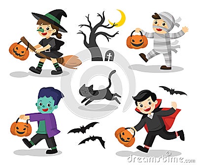 Set of Happy Halloween. Funny children in colorful costumes. Vector Illustration