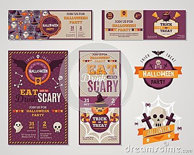 Set Of Happy Halloween Greeting Cards or Flyers Vector Illustration