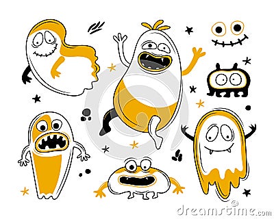 Set of happy Halloween in vector. Funny cartoon monsters, ghosts, aliens. Scary halloween character design. Terrible monsters Cartoon Illustration