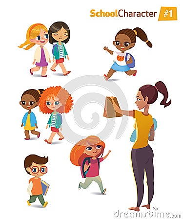 Set of happy joyful cartoon kids in motion and woman. Vector illustration. . Vector Illustration