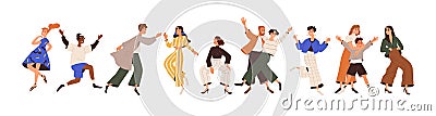 Set of happy joyful people having fun, rejoicing, dancing, fooling around with positive emotions. Laughing cheerful Vector Illustration