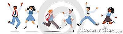 Set Happy Kids in School Uniform with Backpacks Jumping. Schoolboys and Schoolgirls Characters Laughing, Waving Hands Vector Illustration