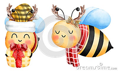 Set of happy little bees wearing a yellow beanie and red scarf with antler holdind a christmas gift boxs Cartoon Illustration