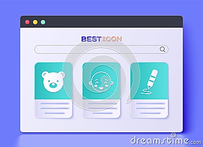 Set Happy little boy head, Teddy bear plush toy and Wax crayon for drawing icon. Vector Vector Illustration