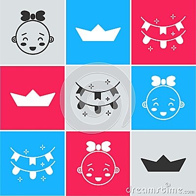 Set Happy little girl head, Folded paper boat and Carnival garland with flags icon. Vector Vector Illustration