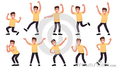 Set of a happy male character. Joyful emotions of a man. Vector Cartoon Illustration