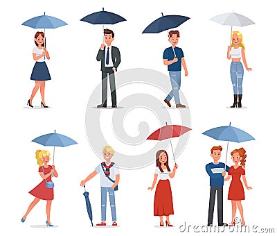 Set of happy man and woman under umbrella vector character design Vector Illustration