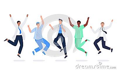 Set of happy medicine workers. Multicultural men jumping with raised hands in various poses. Vector Illustration