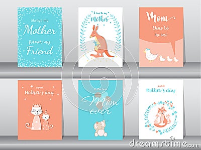 Set of Happy Mother`s Day card,poster,template,greeting cards,cute,kangaroo,cats,elephant,fox,animal,Vector illustrations Vector Illustration