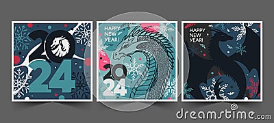 Set of Happy New Year 2024 square banners with dragons, balloons Vector Illustration