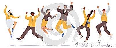 Set of Happy Office Employees Jump with Raised Arms, Characters Feel Positive Emotions, Rejoice, Victory or Success Vector Illustration