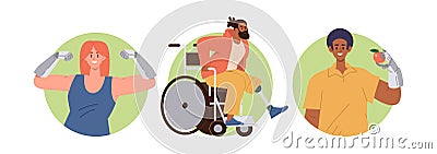 Round frame set with happy people characters having bionic robotic prosthesis of legs and arms Vector Illustration