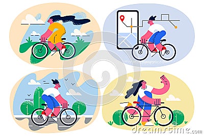 Set of happy person relax outdoor riding bike Vector Illustration