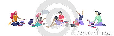 Set of happy relaxed learning and reading people outdoor park for online education, training and courses. Modern vector Vector Illustration