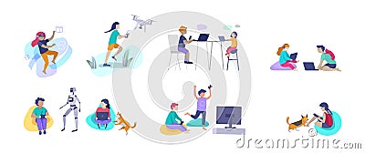 Set of Happy school children performing various activities or hobbies, playing games on computer or console, programming Vector Illustration