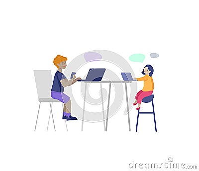 Set of Happy school children performing various activities or hobbies, playing games on computer or console, programming Vector Illustration