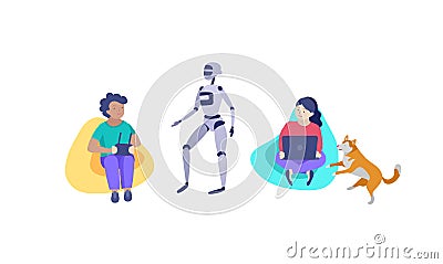 Set of Happy school children performing various activities or hobbies, playing games on computer or console, programming Vector Illustration