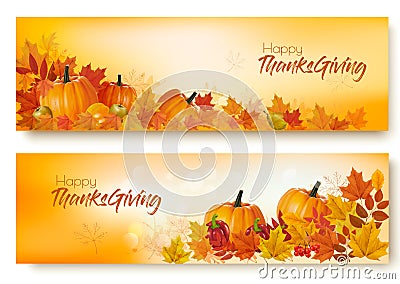 Set of Happy Thanksgiving banners with autumn vegetables Vector Illustration