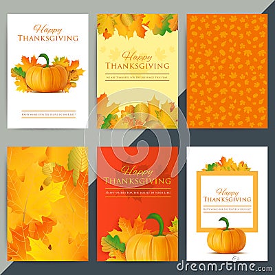 Set of happy thanksgiving day greeting card. Autumn holiday vector background. Pumpkin with fall leaves decoration and text. Vector Illustration