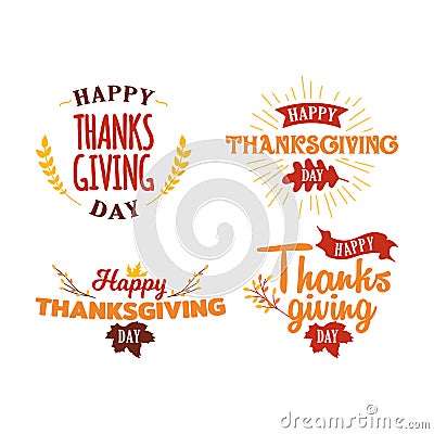 Set of happy thanksgiving day text with autumn fall twigs tree illustration. Logo, badge, sticker, banner, icon, card vector Cartoon Illustration