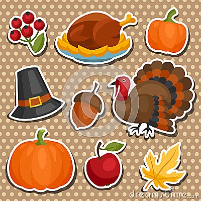 Set of Happy Thanksgiving holiday sticker object Vector Illustration
