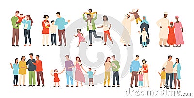 Set of happy traditional heterosexual families with children. Smiling mother, father and kids. Cute cartoon characters Vector Illustration