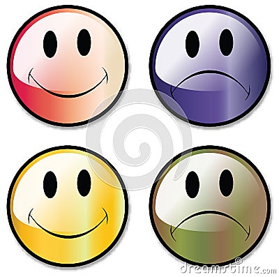 A Set Of Happy and Unhappy Smiley Face Buttons, or Stock Photo