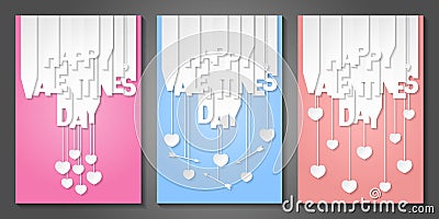 Set of Happy Valentine`s Day banners with letters cut out of white paper. Banners with valentines symbols: hearts and arrows. Vector Illustration