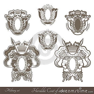 Set of haraldic heraldic coat of arms with lions and vintage weapons Vector Illustration