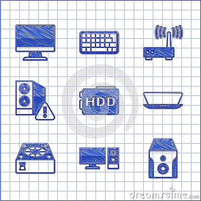 Set Hard disk drive HDD, Computer monitor, Uninterruptible power supply, Laptop, cooler, Case of computer, Router and wi Vector Illustration