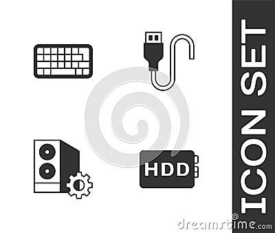Set Hard disk drive HDD, Keyboard, Case of computer and USB cable cord icon. Vector Vector Illustration