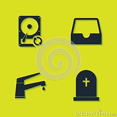 Set Hard disk drive HDD sync refresh, Tombstone with cross, Water tap and Social media inbox icon. Vector Vector Illustration