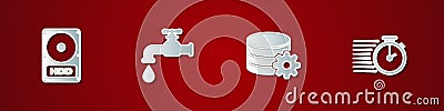 Set Hard disk drive HDD, Water tap, Setting database server and Stopwatch icon. Vector Vector Illustration