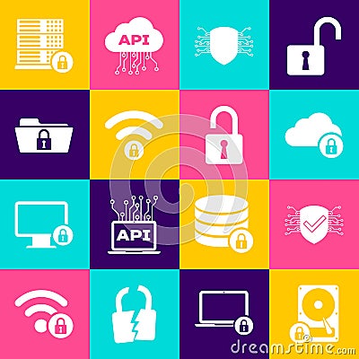 Set Hard disk drive and lock, Cyber security, Cloud computing, , Wifi locked and Folder icon. Vector Stock Photo