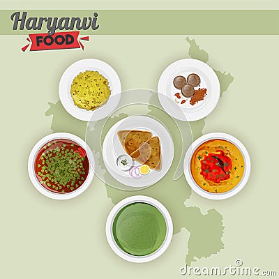 Set of Haryanvi food on green state map. Stock Photo