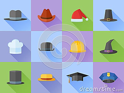 Set of hats flat style icons. Vector illustration. Vector Illustration