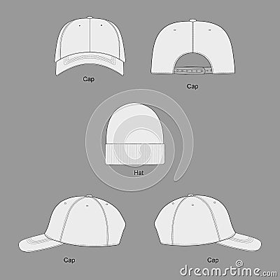 Set of hats. Plain Baseball Cap. Trucker Hat Snap back Technical Drawing Illustration Blank Street wear Mock-up Template for Vector Illustration