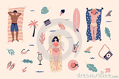 Set of hawaii elements. Women and man relaxing on beach towels, enjoying their summer vacation on the beach. Vector Illustration