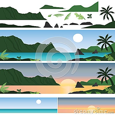 Set of Hawaii Island and Beach Vector Illustration