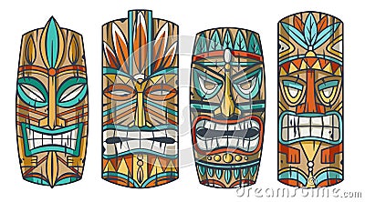 Set of hawaii tiki mask or face idol. Ethnic totem Vector Illustration