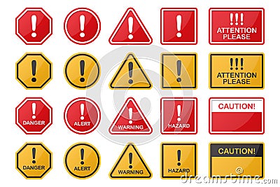 Set of hazard, danger, caution, warning sign in different shapes and color Vector Illustration