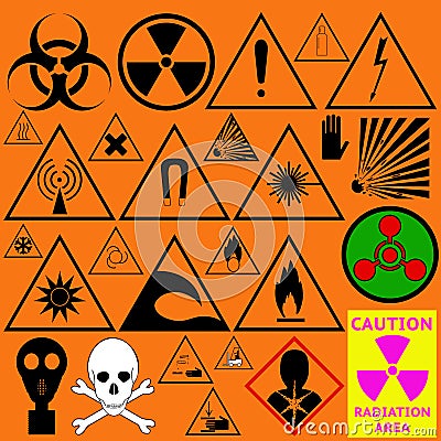 Set of hazard symbols. Biological, radiation, chemical and other Vector Illustration