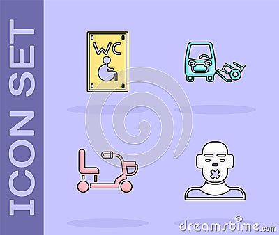 Set Head of deaf and dumb, Separated toilet for disabled, Electric wheelchair and Disabled car icon. Vector Vector Illustration